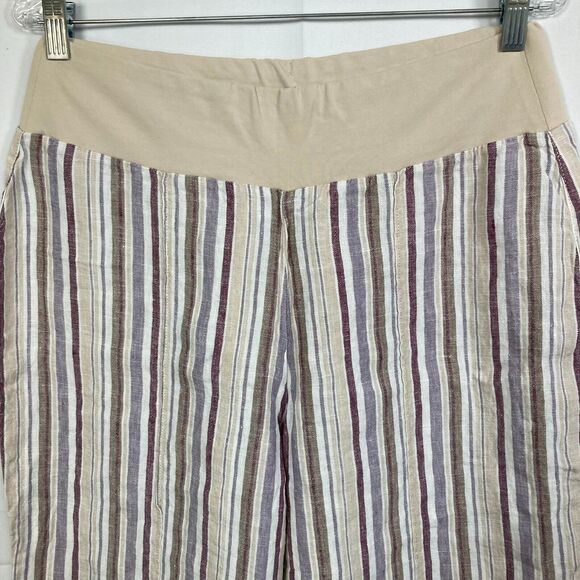 Coldwater Creek Pants Womens Sz 12P Beige Stripe 100% Linen Pull On Straight Leg - Picture 2 of 9